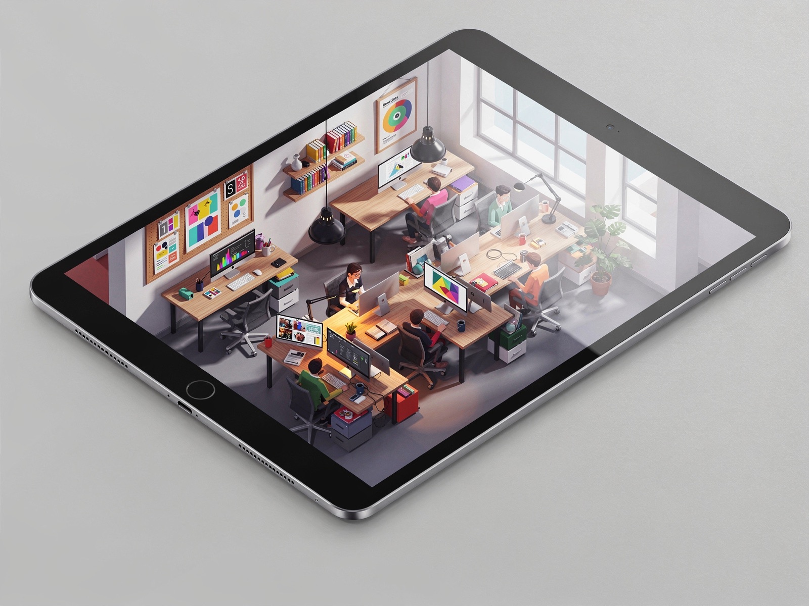 Glide — a 3D isometric design studio scene shown mid-flight on an iPad
